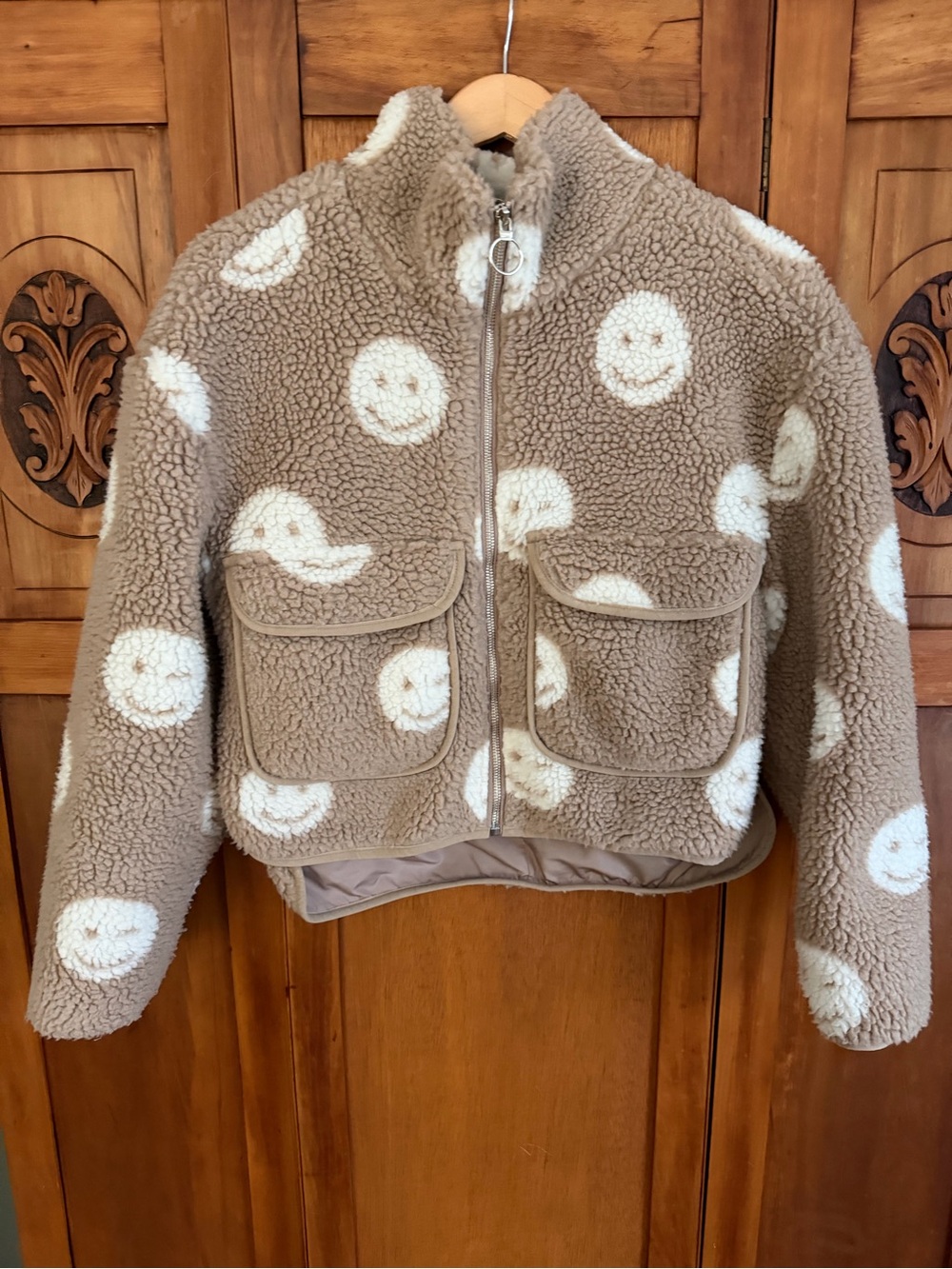 Elodie Taupe Sherpa Jacket with Cream Smiley Print Juniors XS